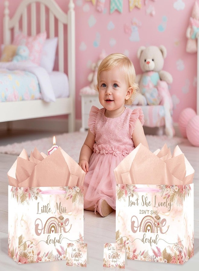 Woosytoo Onederful 1st Birthday Gift Bag for Baby Girl, Boho Floral First Birthday Gift Bags with Tissue Paper Greeting Card Little Miss Onederful Wrapping Paper Bag for Newborn Baby Shower One Year Old Party - Image 5